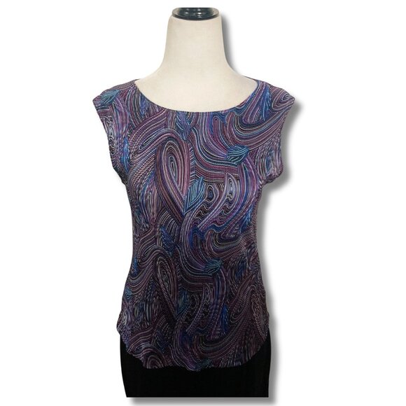 RICKI'S Purple blue black swirl print pleated sleeveless top SMALL MEDIUM shirt - Picture 3 of 12